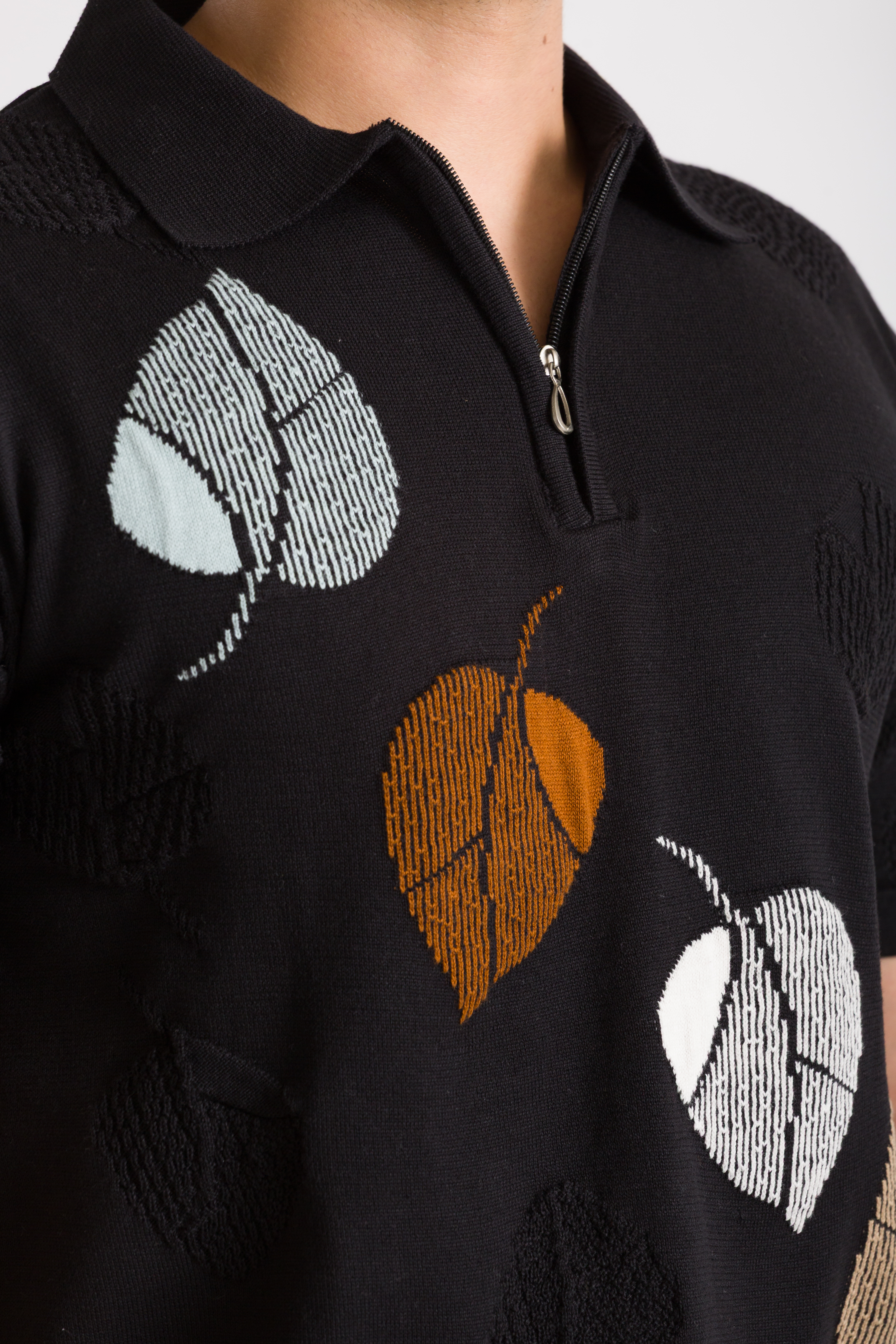 Knitted Black Leaf Design Polo T-Shirt